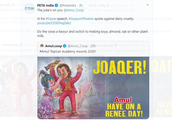‘जोकर’ फिल्म पर व्यंगात्मक विज्ञापन बनाने पर PETA इंडिया ने अमूल कंपनी को फटकारा, और बताया की अभिनेता जैकिन फीनिक्स डेयरी उत्पादों के कट्टर विरोधी हैं