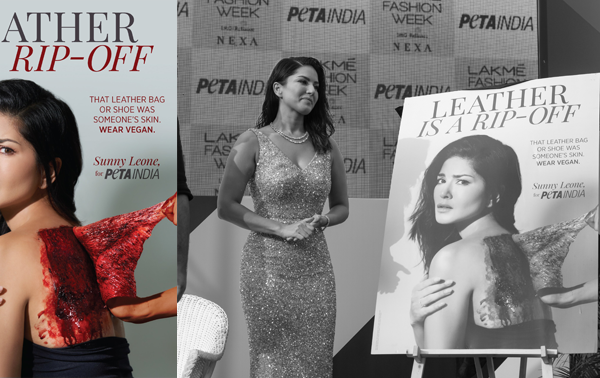 “लैक्मे फैशन वीक” के दौरान लॉंच हुए PETA इंडिया के नए विज्ञापन में सनी लियोनी उधड़ी त्वचा में नजर आई