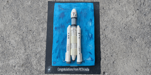 PETA India Delivers Rocket-Shaped Vegan Cake to Indian Space Research Organisation in Celebration of Historic First South Pole Moon Landing