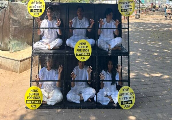 ‘अंतर्राष्ट्रीय महिला दिवस’ से पहले महिलाओं ने मुर्गियों की पीड़ा दर्शाने के लिए स्वयं को पिंजरों में बंद करके प्रदर्शन किया