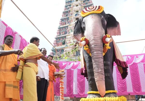 Karnataka Minister Shri Ramalinga Reddy, MLA Dr Ranganath, Samyukta Hornad, and Karnataka Mahila Congress President Sowmya Reddy, Support First Mechanical Elephant in Nation Inaugurated at a Muzrai Temple, Yedeyur Sri Siddalingeshwara Swamy Temple